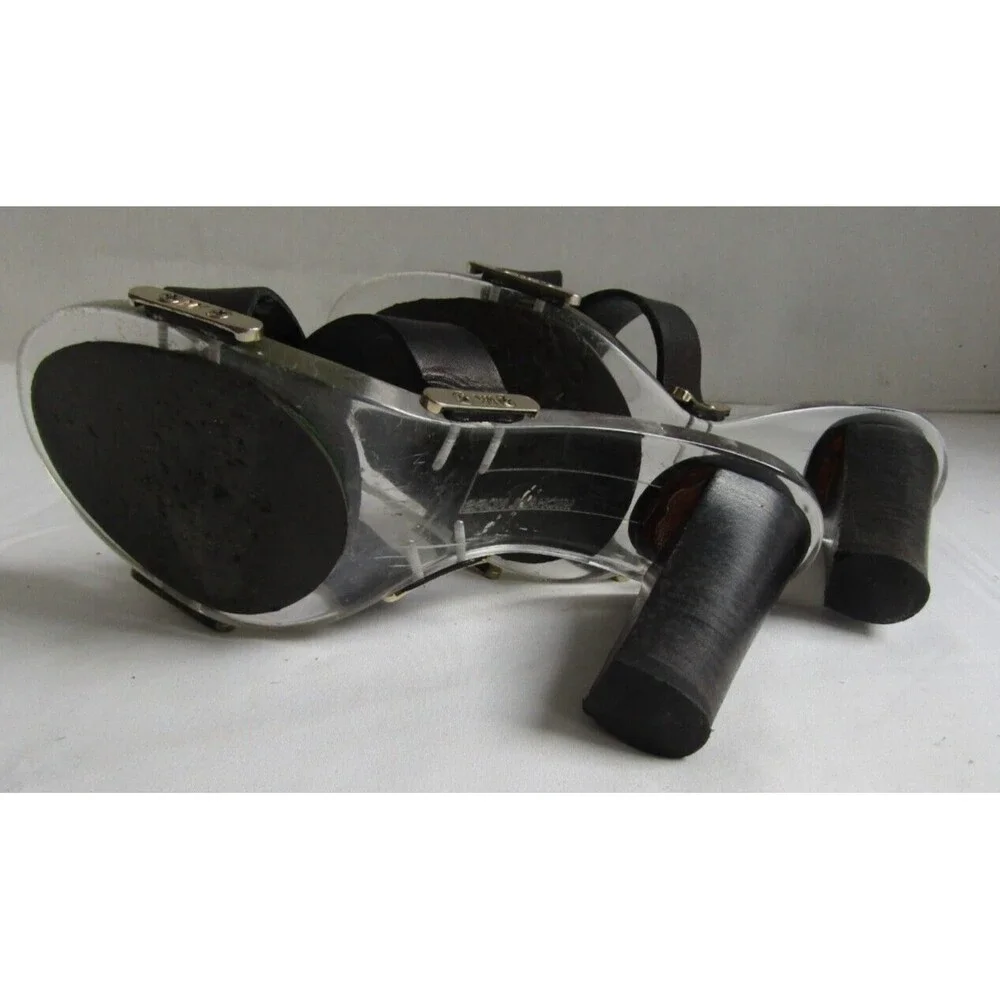 Michael Kors Black Leather Lucite Heels Chic Y2K Slide Sandals 6.5